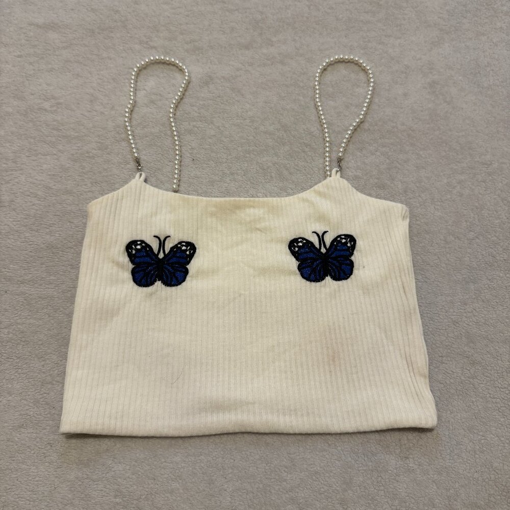 Faux Pearl Ribbed Butterfly Embroidered Cami Top